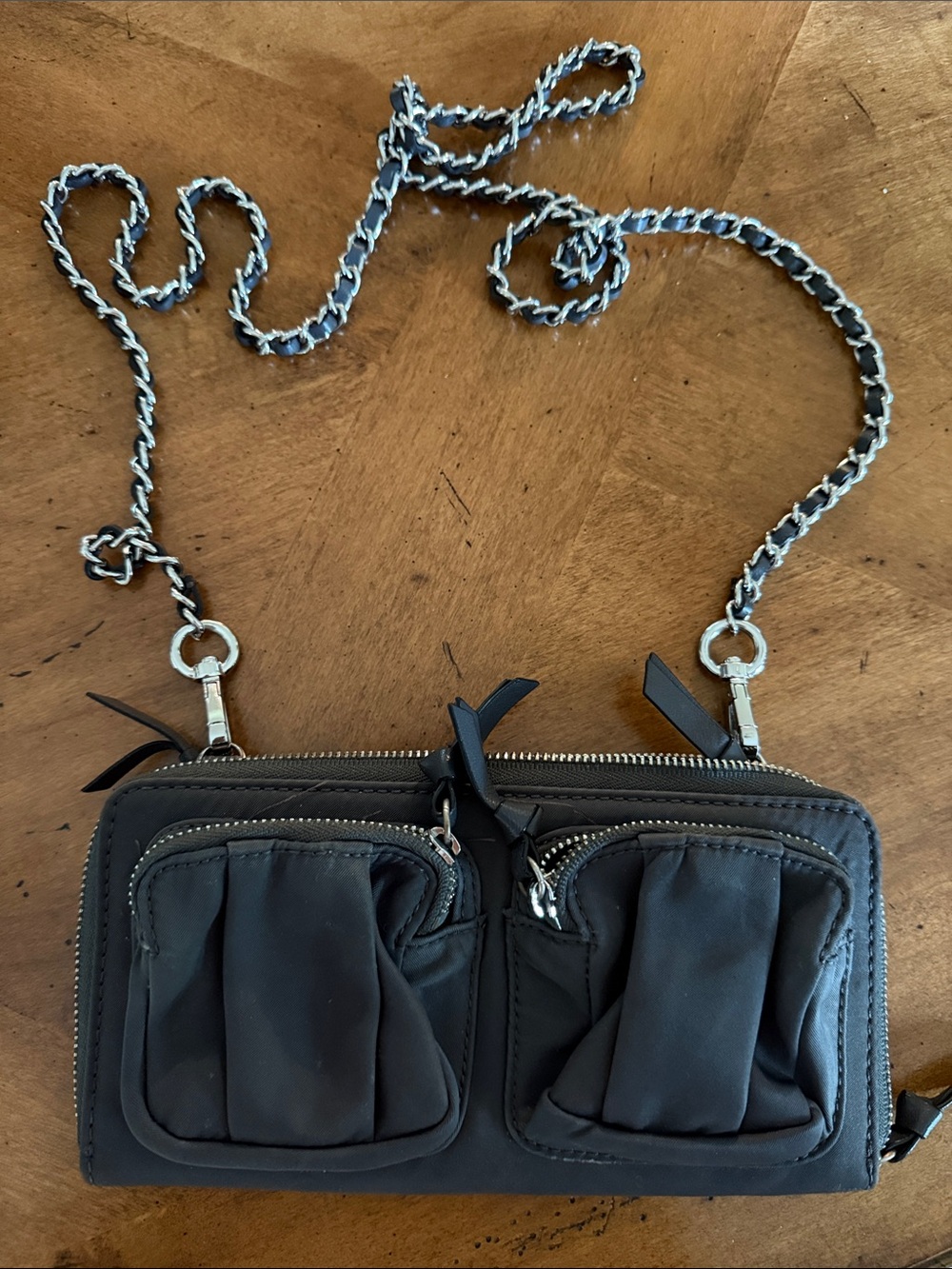 MZ Wallace Black Nylon Crossbody Wallet with Silver Chain